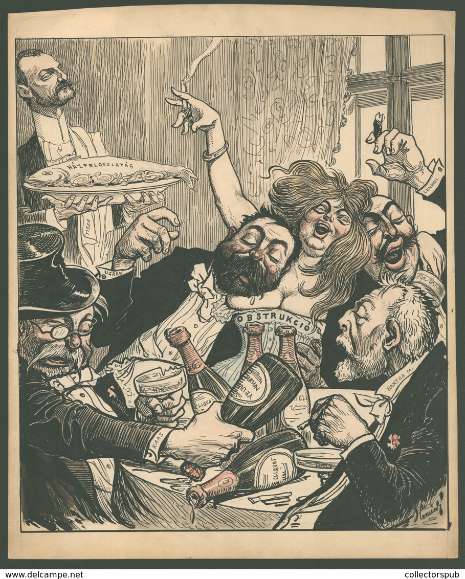 Homicskó Atanáz (1864-1916) Szignós Politikai Karikatúra , Tusrajz  32*27 Cm "Obstrukció"  /  Signed Political Caricatur - Unclassified