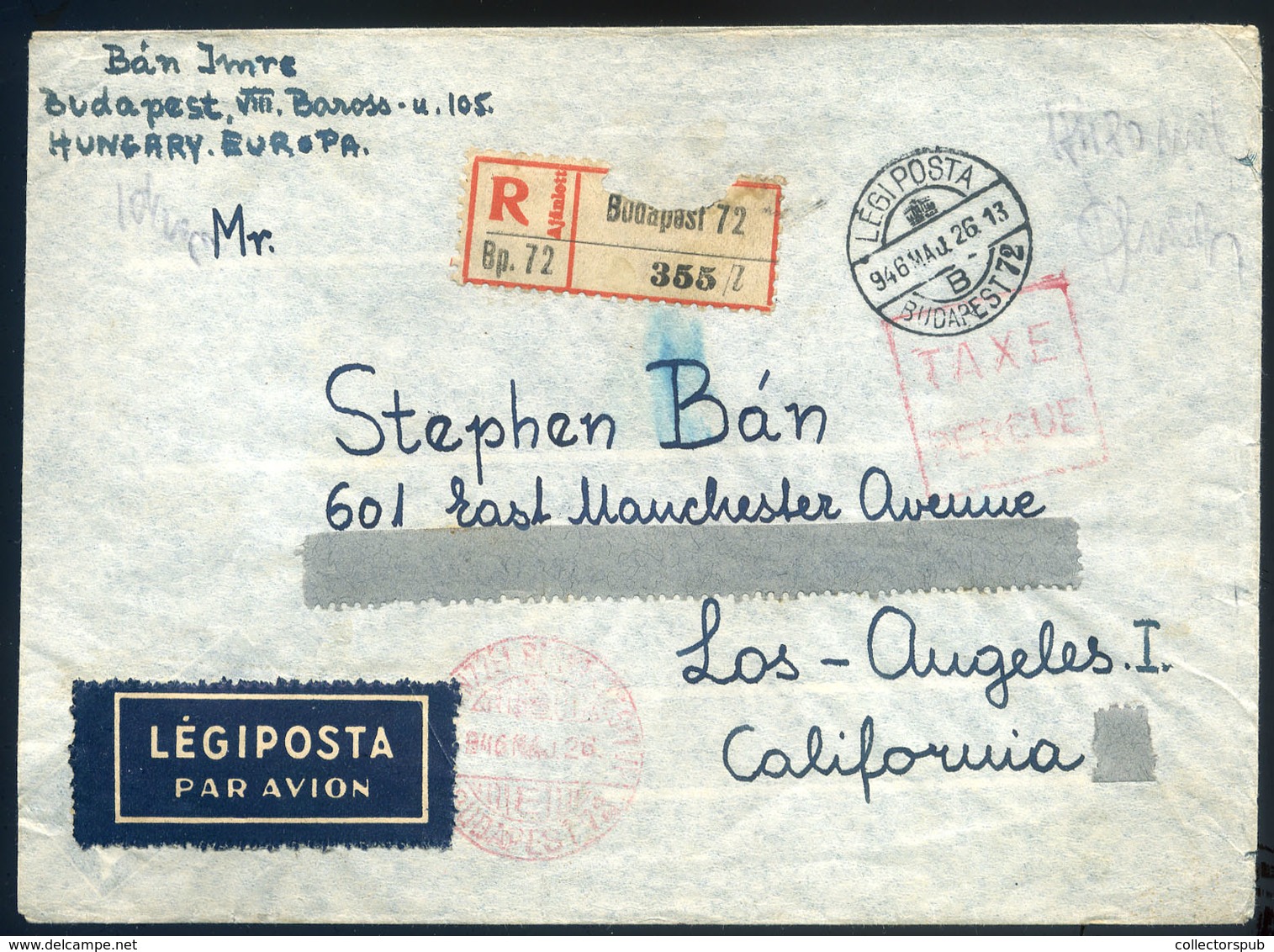 1946.05.26. (16 Dsz. Utolsó Nap) Ajánlott Légi Levél Kp. 18.480 MillioP Bérmentesítéssel Los Angeles-be Küldve, Ritka Da - Brieven En Documenten