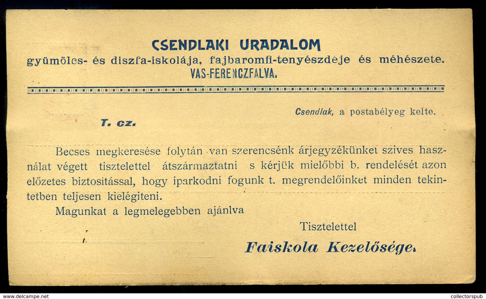 FERENCFALVA /  Văliug  1903. Csendlaki Uradalom, Céges Levlap, Szép Egykörös Bélyegzéssel   /  Csendlaki Estate Corp. P. - Gebruikt