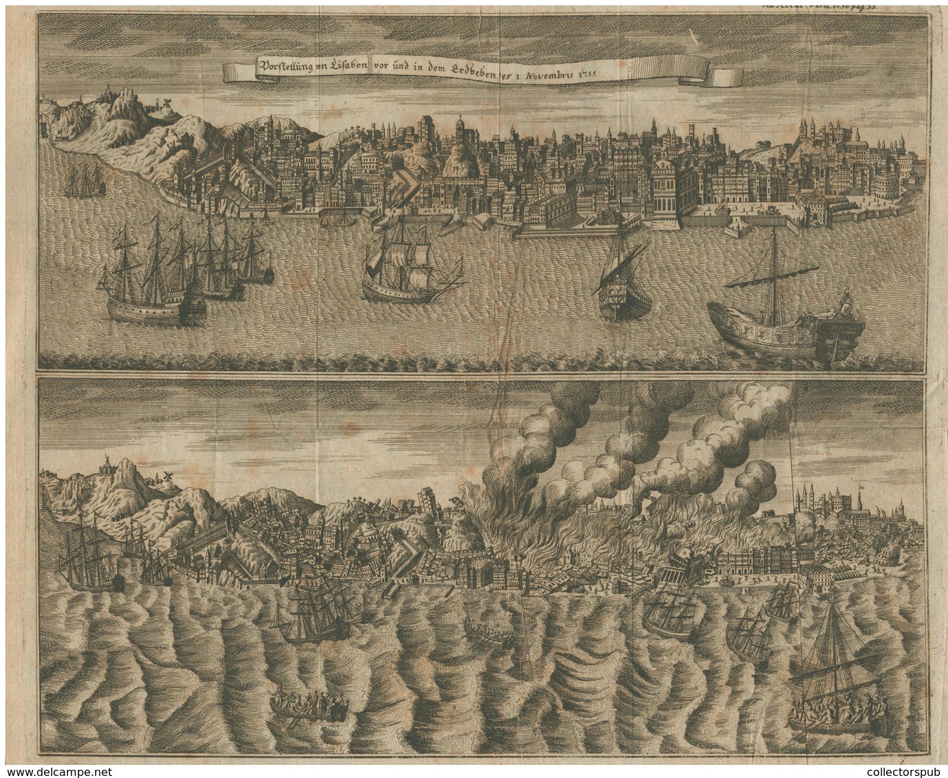 Liszaboni Földrengés 1755 , Rézmetszet 1756. 35*15 Cm  /  1755 Lisbon Earthquake Copper Etching - Estampes & Gravures