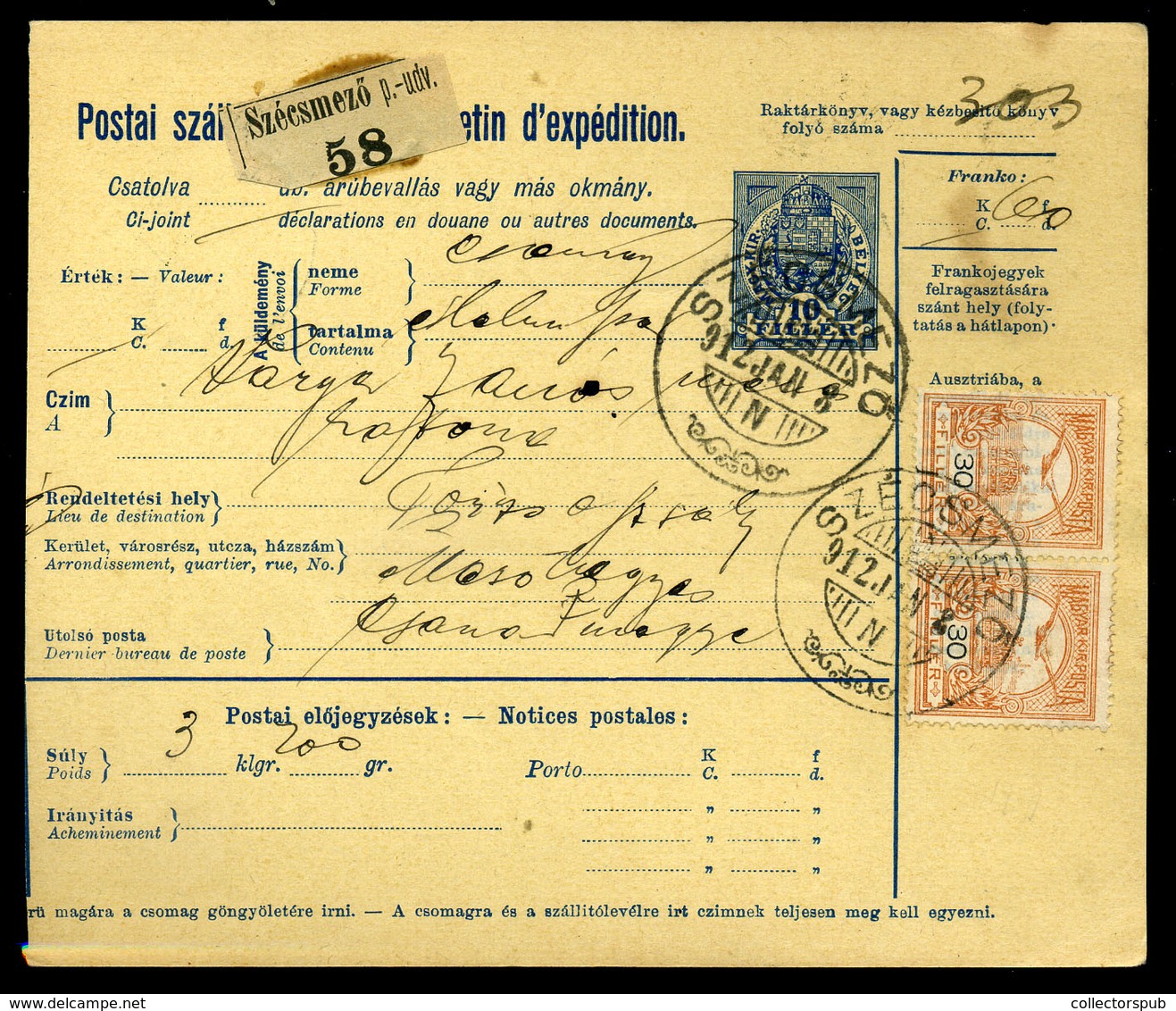 SZÉCSMEZŐ 1912. Csomagszállító Mezőhegyesre Küldve  /  Parcel P.card To Mezőhegyes - Oblitérés