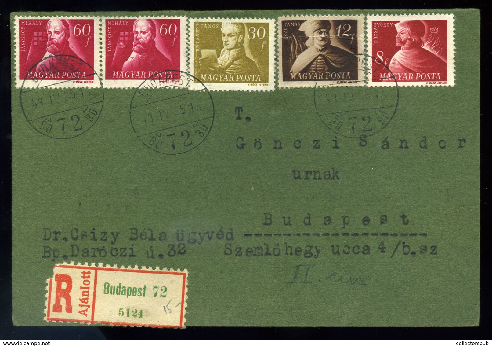 BUDAPEST 1948. Helyi Ajánlott Levlap, ötbélyeges, Négyszínű Bérmentesítéssel - Lettres & Documents