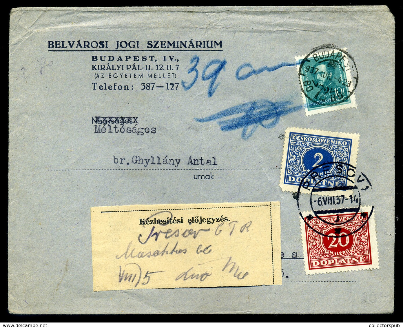 BUDAPEST 1937. Levél Csehszlovákiába Küldve, Portózva - Lettres & Documents