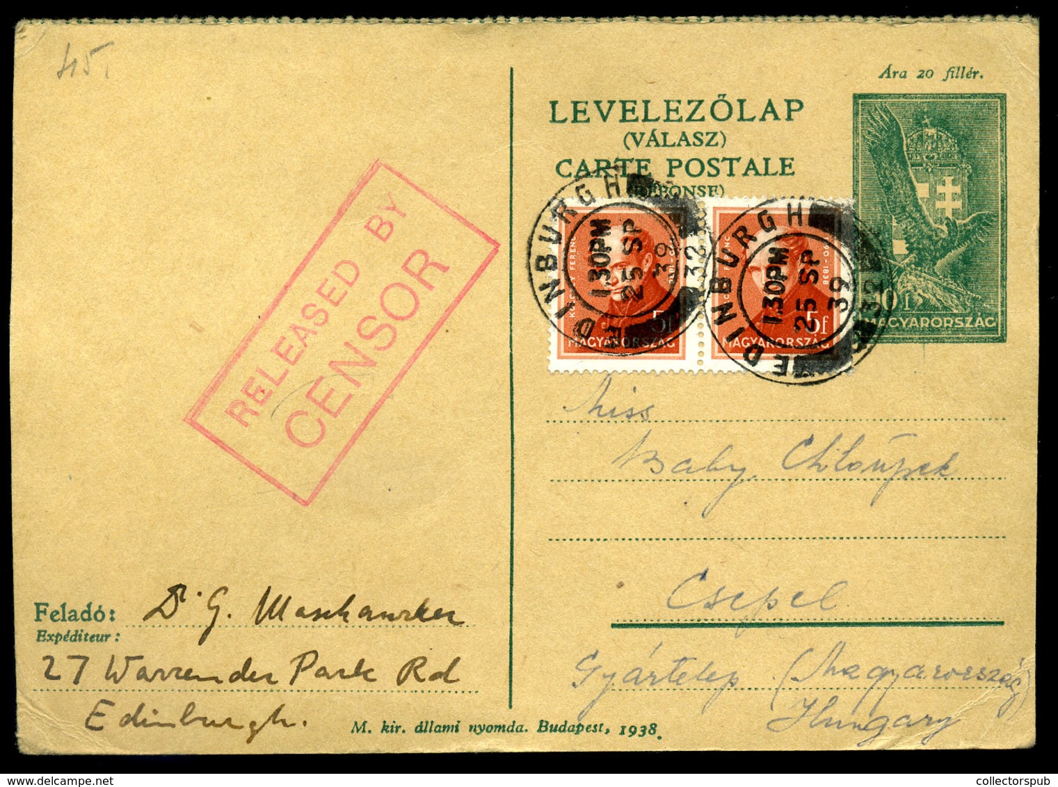 1939. EDINBURGH , Díjjegyes Válaszlap , Arcképek 2*5f -rel Csepelre Küldve, Ritka Darab!  /  Stationery Reply Card Portr - Lettres & Documents