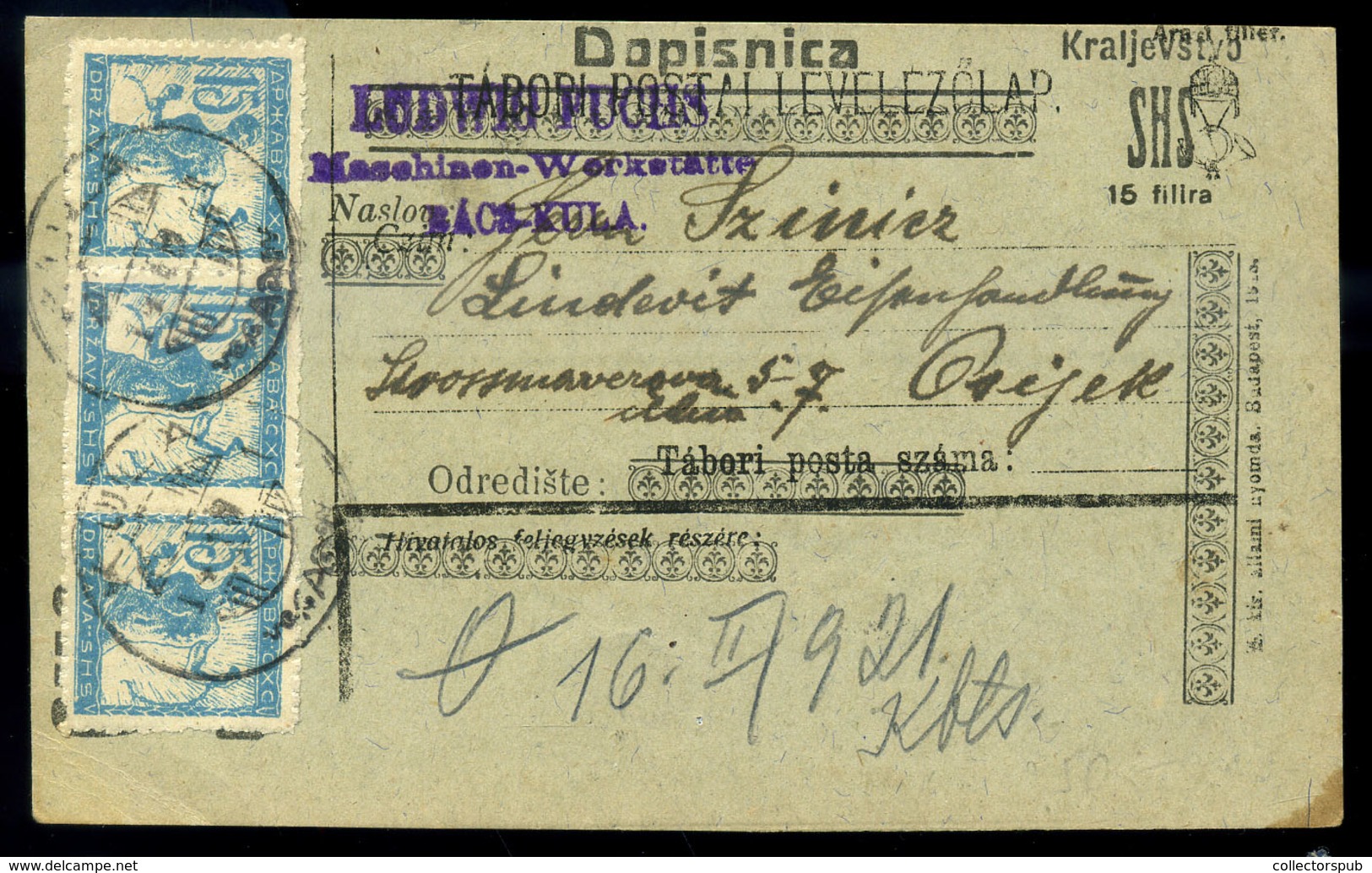BÁCSKULA / KULA 1919. Kiegészített , SHS Díjjegyes Levlap Eszékre Küldve  /  Uprated SHS Stationery P.card To Eszék - Lettres & Documents