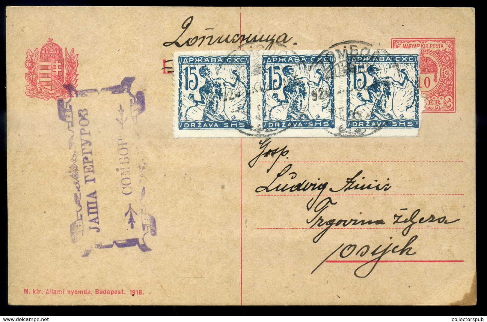 ZOMBOR 1920. 10f Díjjegyes Lap SHS Bélyegekkel  "túlélő" Bélyegzéssel Eszékre Küldve  /  10f Stationery Card SHS Stamps  - Lettres & Documents