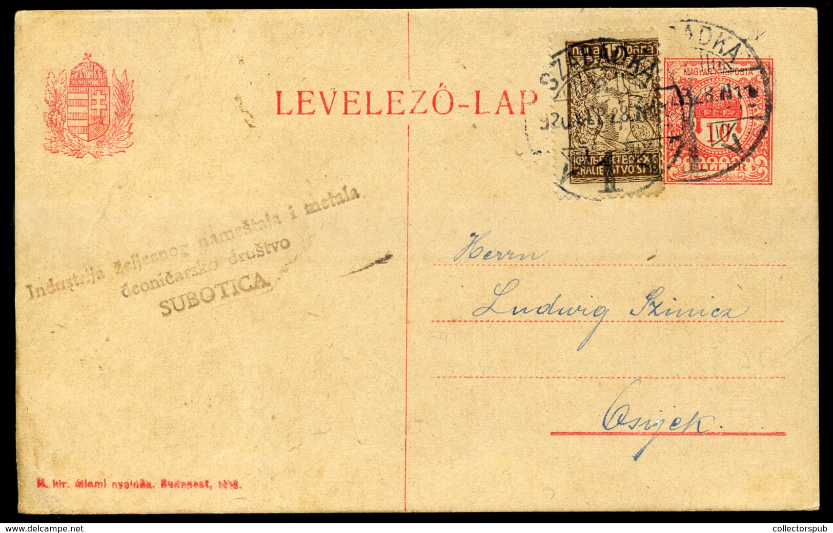 SZABADKA 1920. 10f Díjjegyes Lap SHS Bélyeggel , "túlélő" Bélyegzéssel Eszékre Küldve  /  10f Stationery Card SHS Stamp  - Lettres & Documents