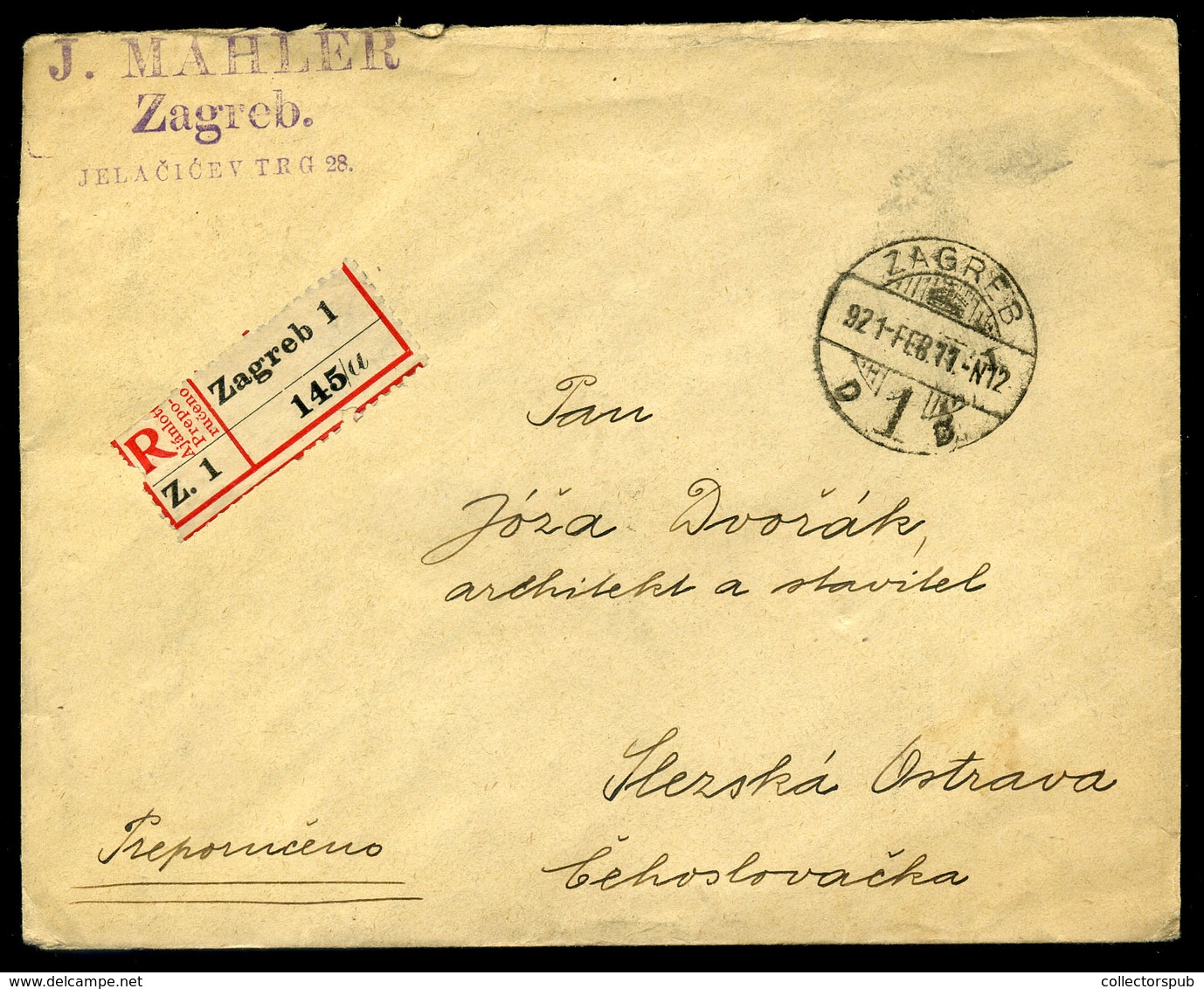 ZÁGRÁB 1921. Ajánlott Levél, 8 Bélyeggel, "túlélő" Ragjeggyel , Bélyegzéssel Ostrava-ba Küldve - Lettres & Documents