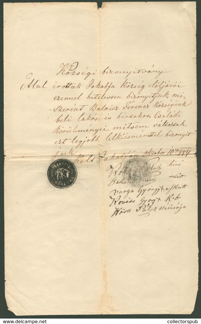 JAKABFA / Lendvajakabfa  1884 . Községi Bizonyítvány, Szép Bélyegzéssel  /  County Certificate  Nice Pmk - Unclassified