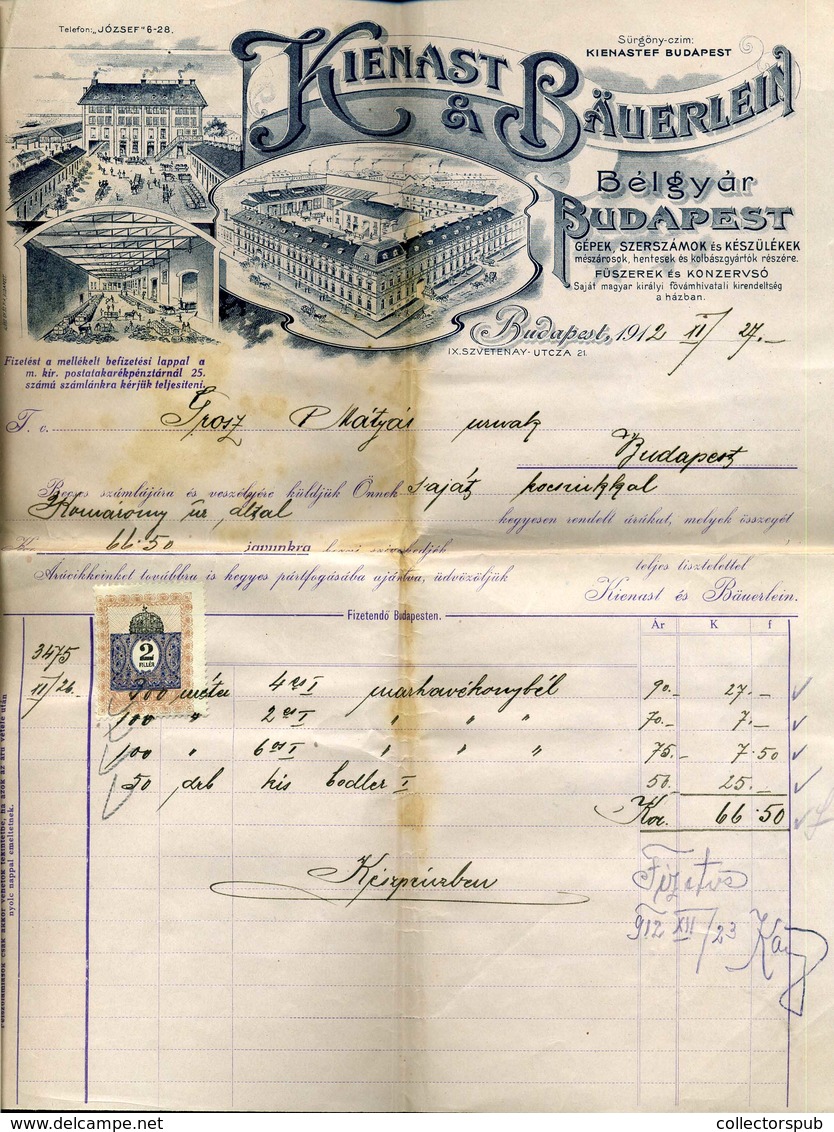 BUDAPEST  1912. Kienast Bélgyár  Fejléces, Céges Számla  /  Kienast Factory Letterhead Corp. Bill - Unclassified