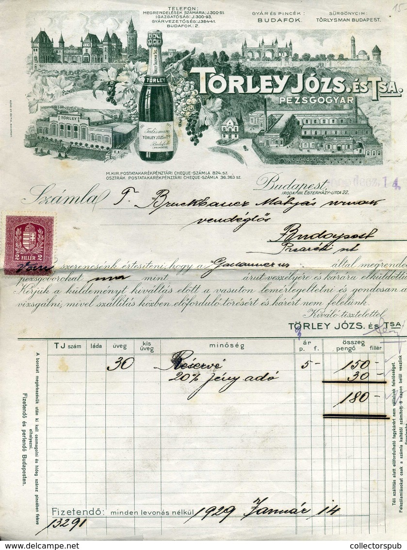 BUDAPEST  1929. Törley Pezsgőgyár  Fejléces, Céges Számla  /  Törley Champagne Factory Letterhead Corp. Bill - Non Classés