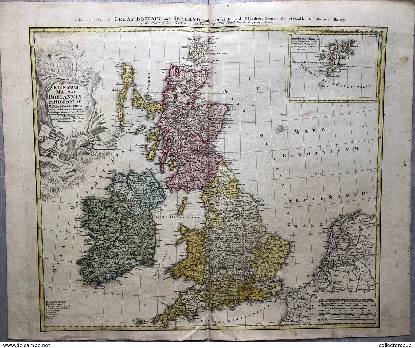 Homann, Johann Baptist (1663-1724): Nagy-Britannia és Írország Térképe, Nürnberg, 1749 . 60*50 Cm Ca. Jó állapotban  / - Prints & Engravings