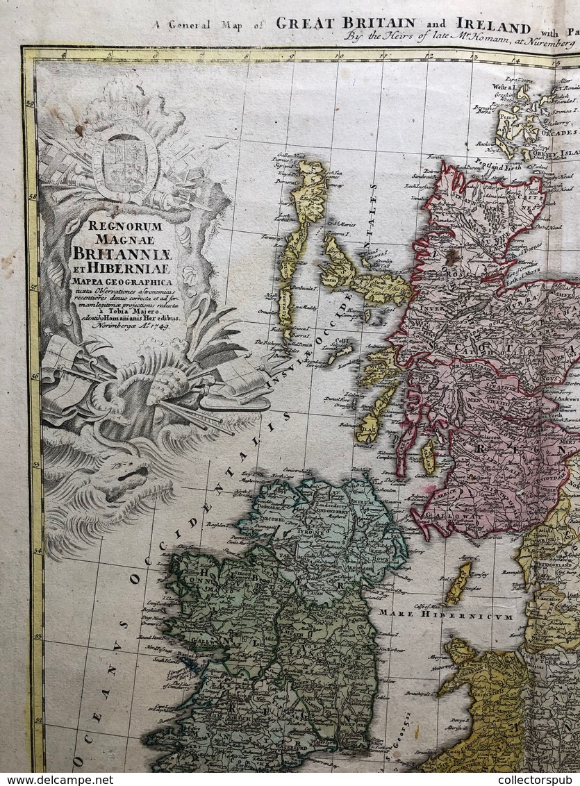 Homann, Johann Baptist (1663-1724): Nagy-Britannia és Írország Térképe, Nürnberg, 1749 . 60*50 Cm Ca. Jó állapotban  / - Prints & Engravings