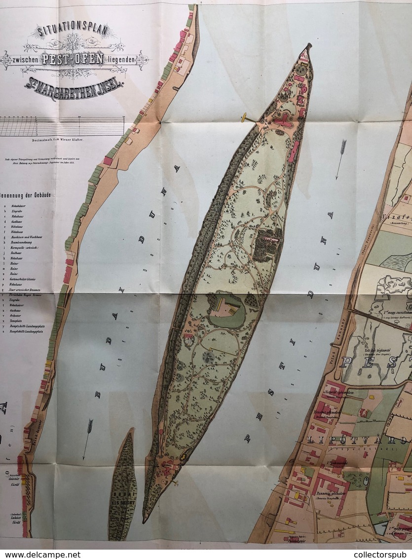 MARGITSZIGET 1872. Kőnyomatos, Kihajtható Térkép  60×76 Cm, Halácsy Sándor   /  MARGARET ISLE Litho Foldout Map - Prints & Engravings