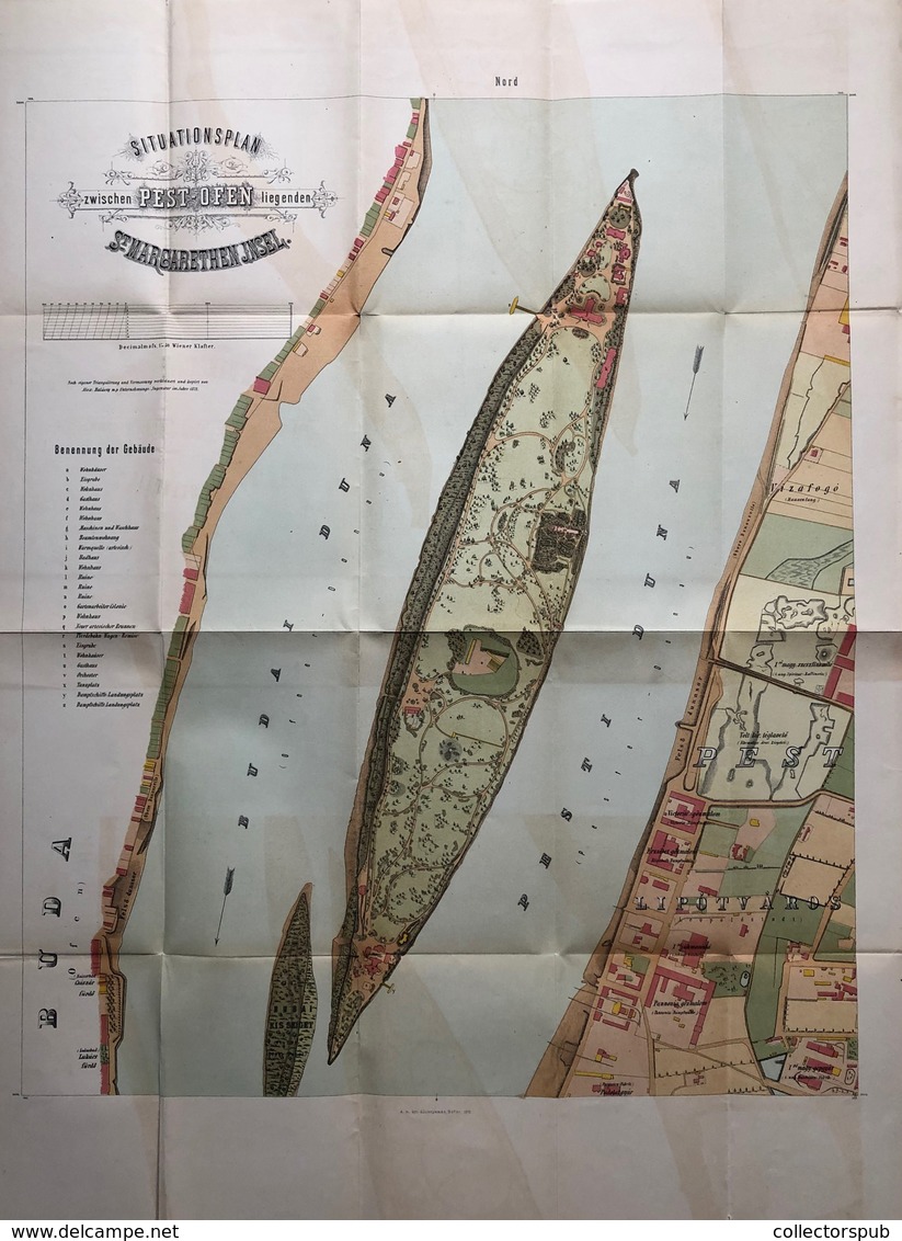 MARGITSZIGET 1872. Kőnyomatos, Kihajtható Térkép  60×76 Cm, Halácsy Sándor   /  MARGARET ISLE Litho Foldout Map - Prints & Engravings