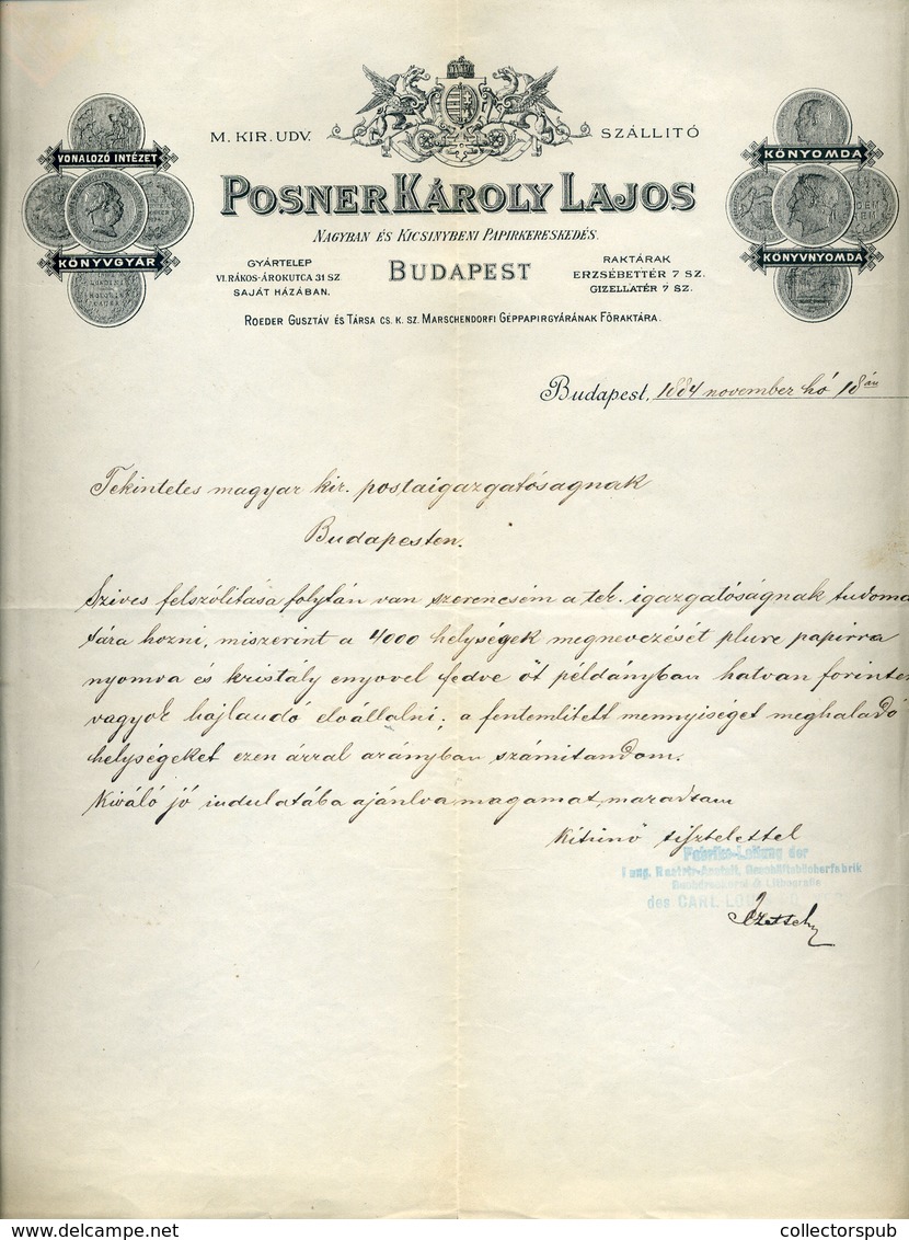 POSNER Károly Lajos Papírkereskedés , Fejléces, Céges Levél 1884.  /  Lajos Károly Paper Store Letterhead Corp. Letter - Zonder Classificatie