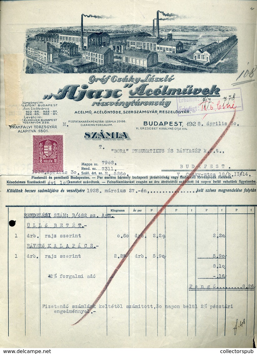 BUDAPEST 1928. Ajax Acélművek, Fejléces, Céges Számla - Unclassified