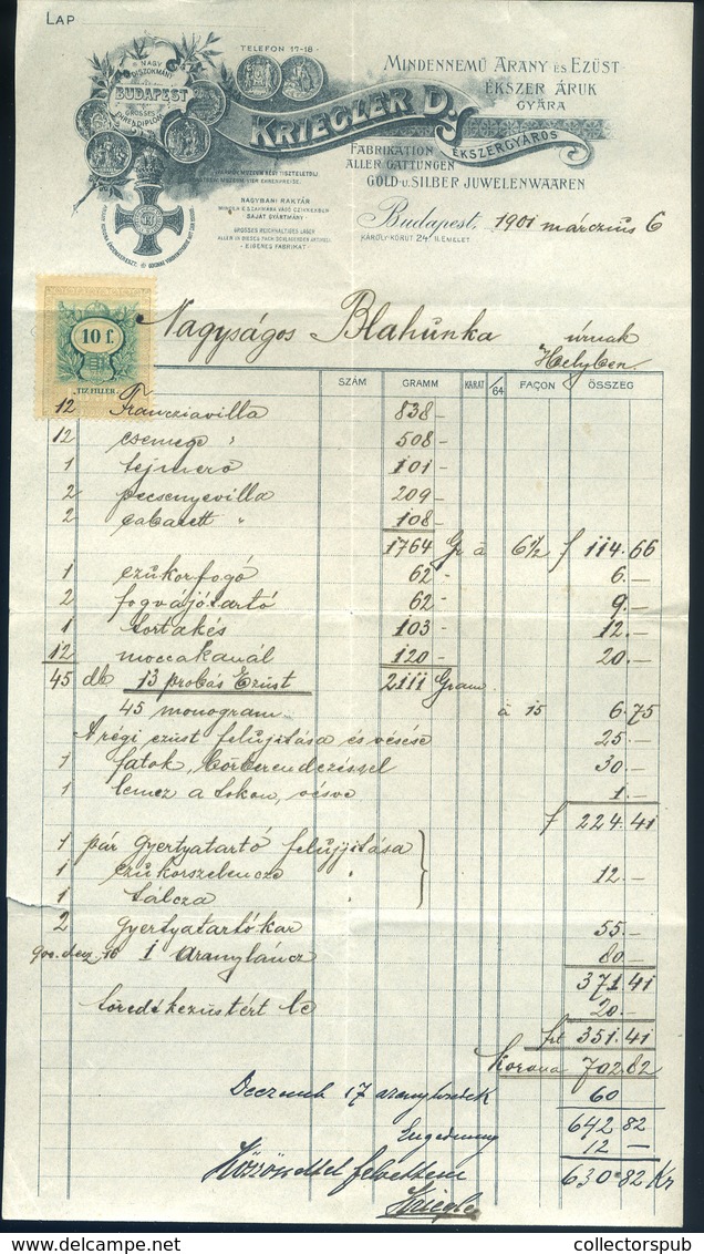 BUDAPEST 1901. Kriegler Ékszergyár Fejléces, Céges Számla  /  Kriegler Jewelry Factory Letterhead Corp. Bill - Unclassified