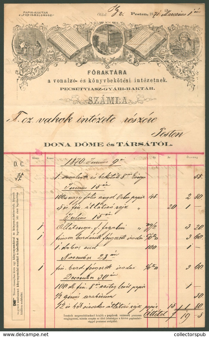 PEST 1871. Dona Döme Főraktára Fejléces, Céges Számla Okmánybélyegekkel  /  Döme Dona Central Warehouse Corp. Bill Stamp - Cartas & Documentos