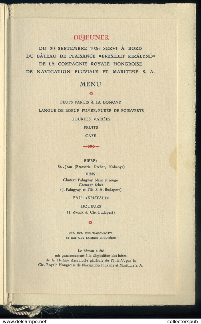 1926. Erzsébet Királyné Luxushajó "Fölöstök Étekrendje" Dekoratív Kétnyelvű Menükártya  /  Queen Elisabeth Luxury Ship D - Unclassified