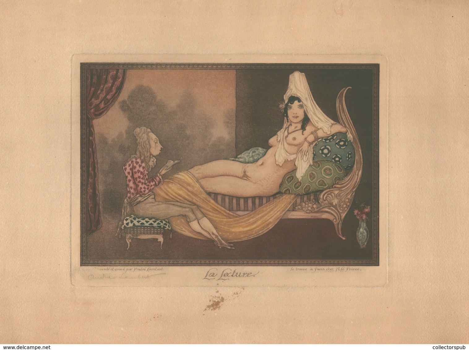 André LAMBERT 1884-1967. La Lecture , Originál Erotikus , Színezett Rézkarc, Képméret 24*17 Cm  /  Original Erotic Color - Prints & Engravings