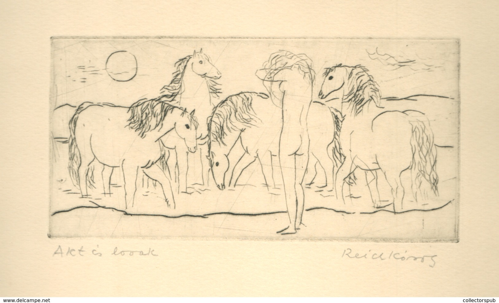 Reich Károly (1922 - 1988): Akt Lovakkal  Szignált Rézkarc 9,5 X 19,5cm  /  Nude With Horses Signed Copper Etching - Unclassified