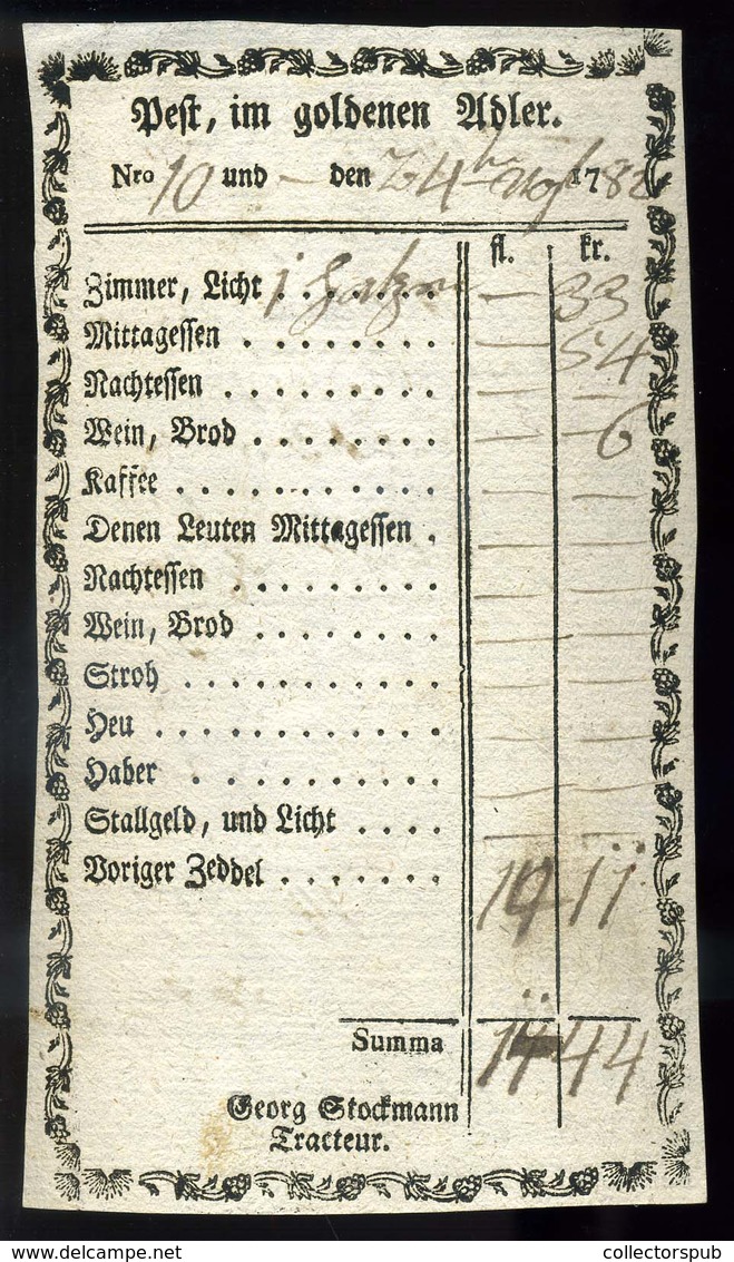PEST 1782 (!) Pest Im Goldener Adler Fogadó, Igen Korai Számla  /  Goldener Adler Inn Very Early Bill - Unclassified