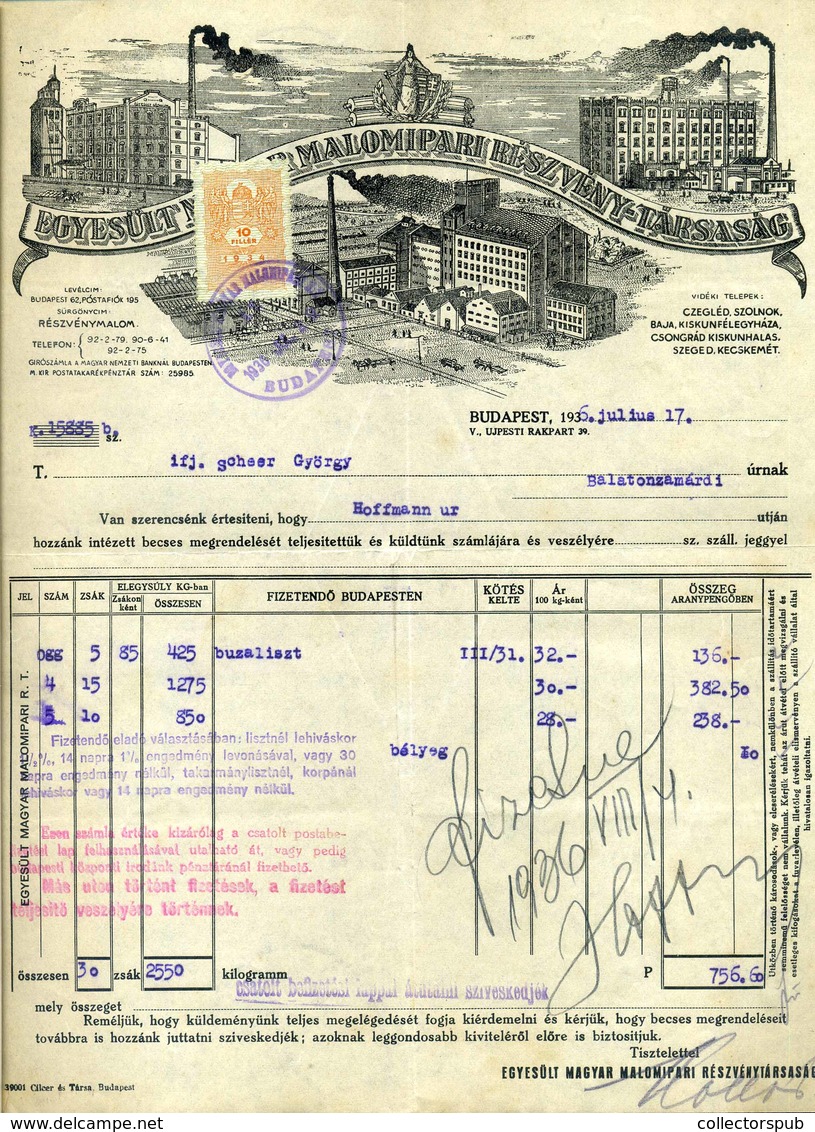 Malomipari Részvénytársaság, Céges, Fejléces Számla 1936  /  Milling JSC Corp. Letterhead Bill - Unclassified