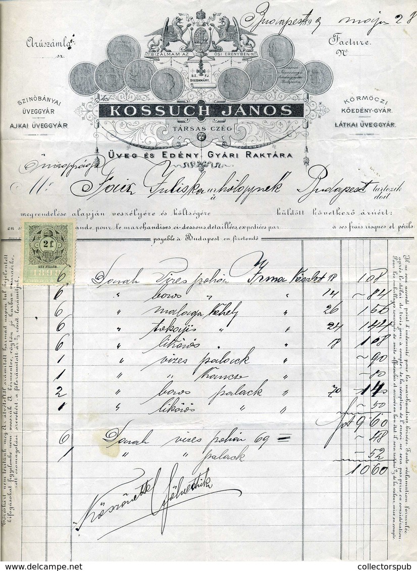 KOSSUCH János, Üveg és Edény Raktár , Céges, Fejléces Számla 1899.  /  Glass And Pottery Warehouse Corp. Letterhead Bill - Unclassified