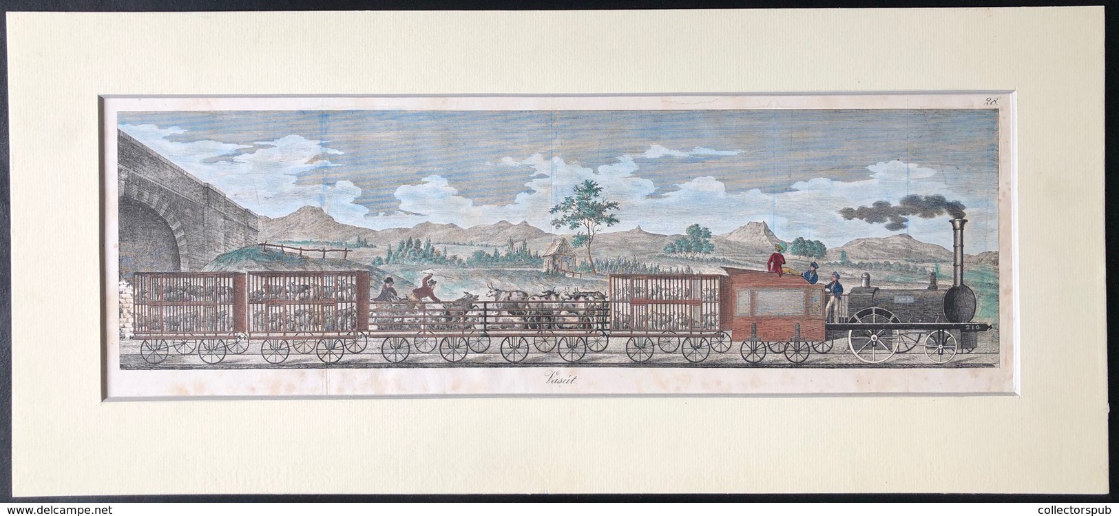 VASÚT Színezett Fametszet Paszpartuban Képméret 48*14 Cm  /  RAIL Colored Xylograph 48*14 Cm - Prints & Engravings