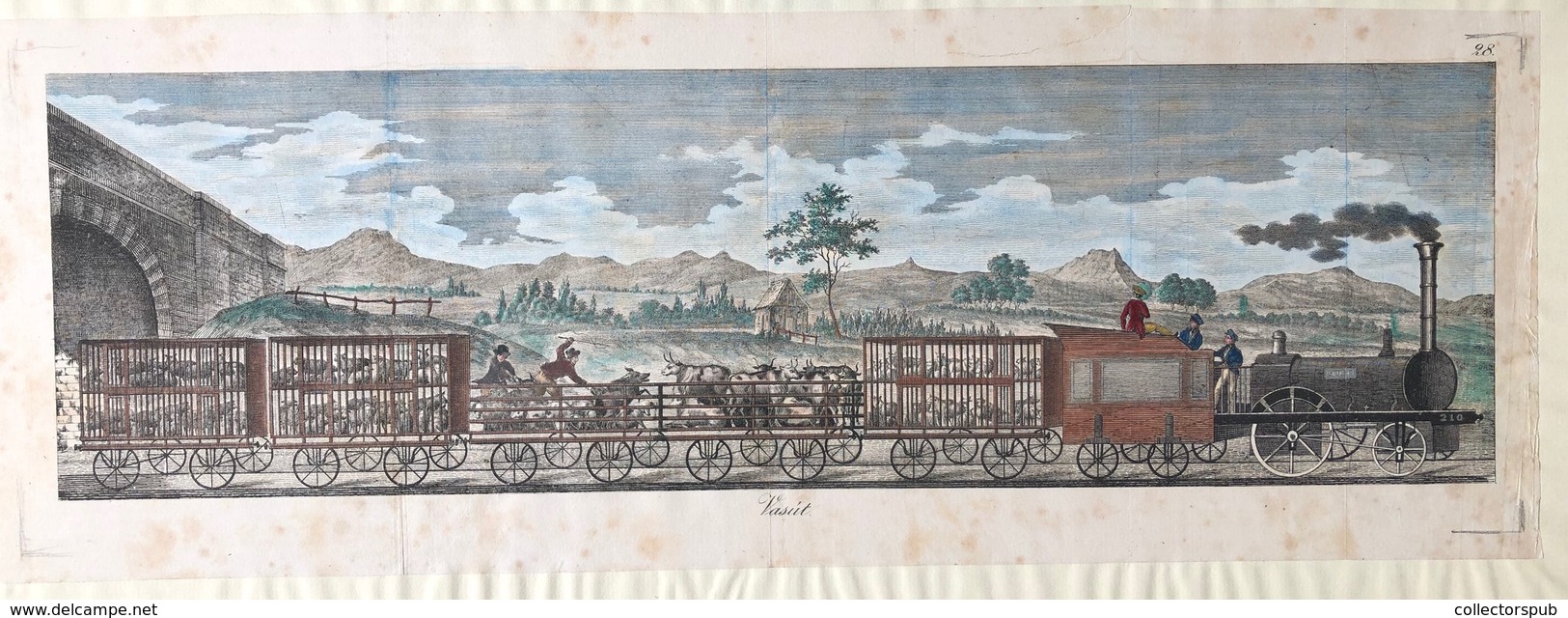 VASÚT Színezett Fametszet Paszpartuban Képméret 48*14 Cm  /  RAIL Colored Xylograph 48*14 Cm - Prints & Engravings