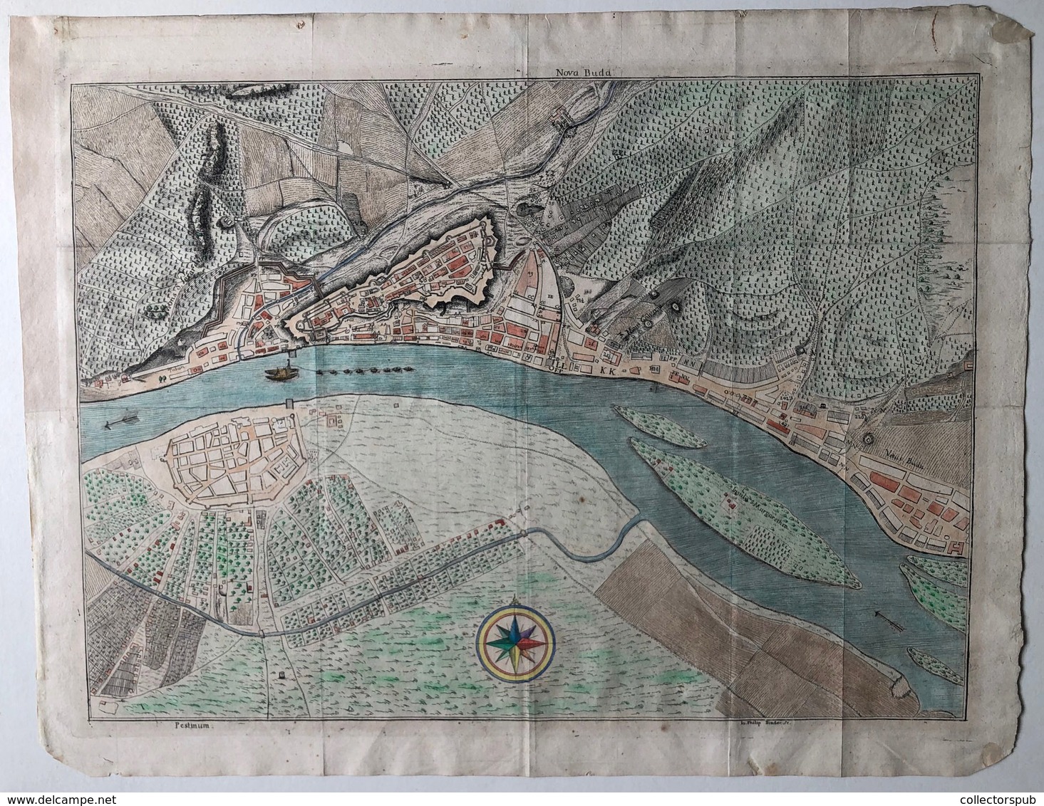 Nova Buda Et Pestinum , Pest-Buda Várostérképe A Városfalak Feltüntetésével , Színezett Térkép 1760. 43*34 Cm  /  Colore - Prints & Engravings