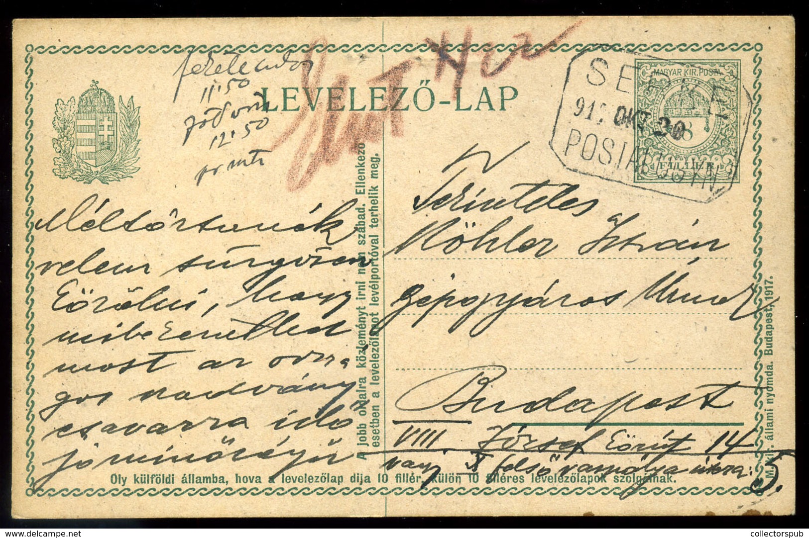 SERKE /  Širkovce  1917. Díjjegyes Levlap Postaügynökség Bélyegzéssel  /  Stationery P.card Postal Agency Pmk - Oblitérés