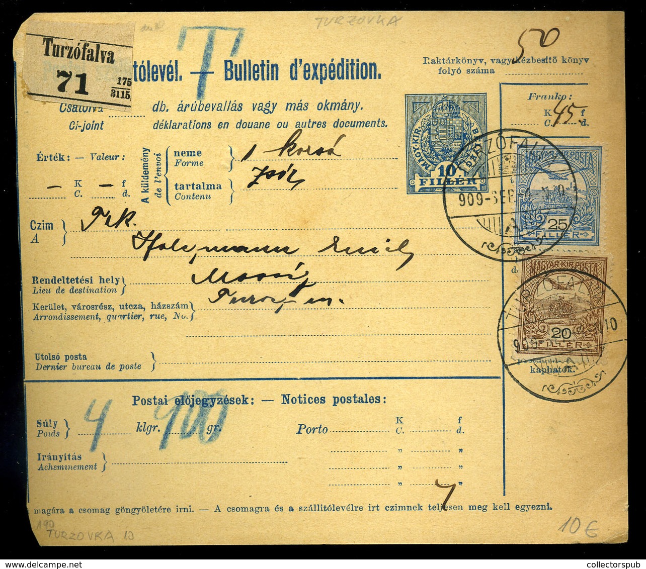 TURZÓFALVA 1909. Csomagszállító Mosócra Küldve  /  Parcel P.card To Mosóc - Oblitérés