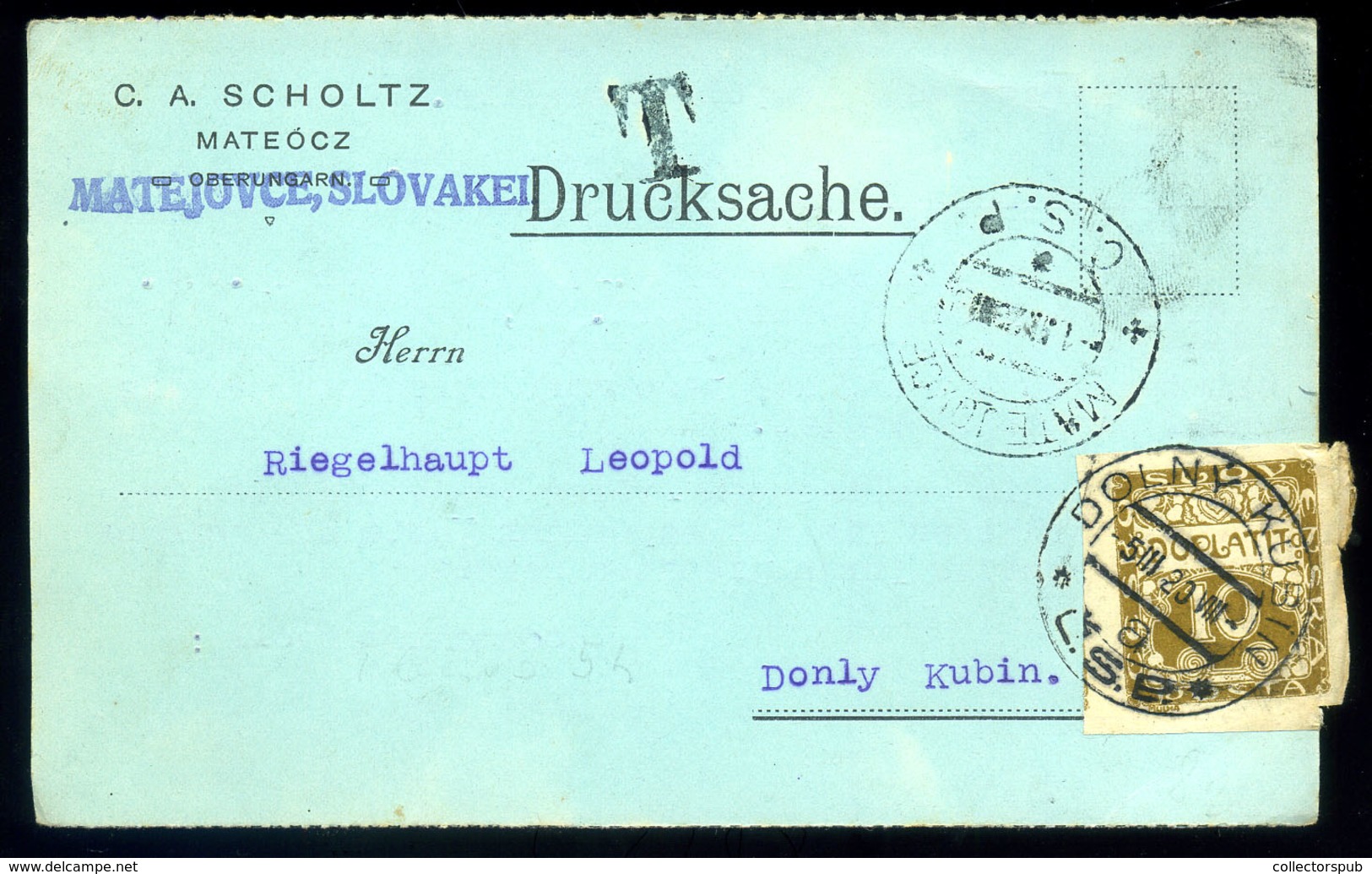 MATEÓC 1920. Céges Levlap Alsókubinba Küldve, Portózva  /  Corp. P.card To Alsókubin, Postage Due - Oblitérés