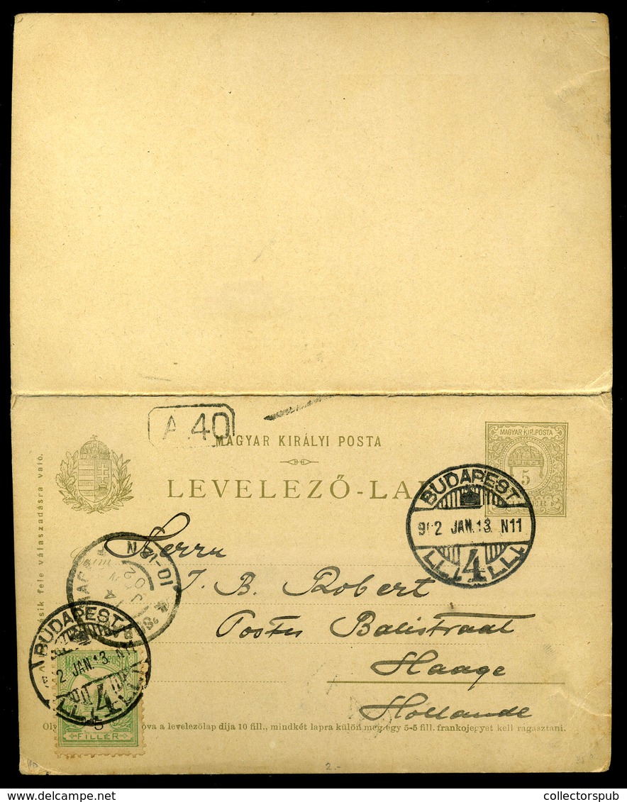 BUDAPEST 1902. Kiegészített, Dupla, Válaszos Díjjegyes Lap Hollandiába Küldve  /   Uprated Double Reply Stationery Card  - Oblitérés