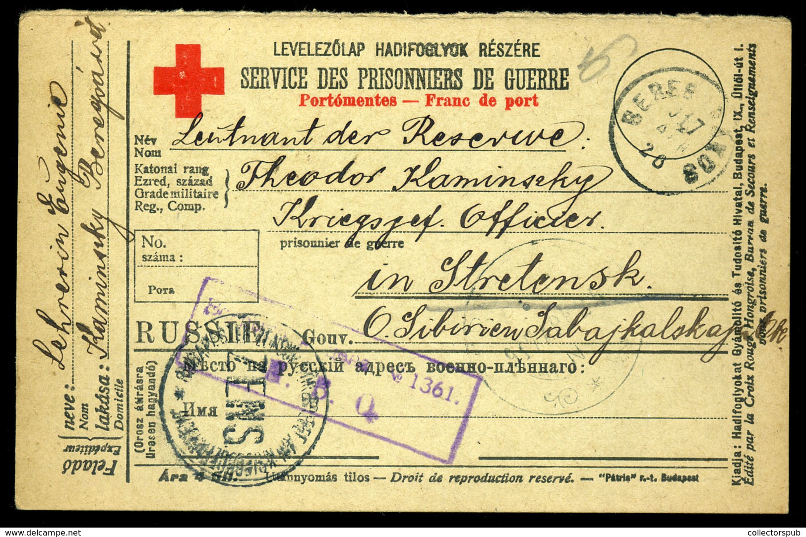 BEREGRÁKOS 1917. Hadifogoly Levelezőlap, Szibériába Küldve  /  POW P.card To Siberia - Oblitérés