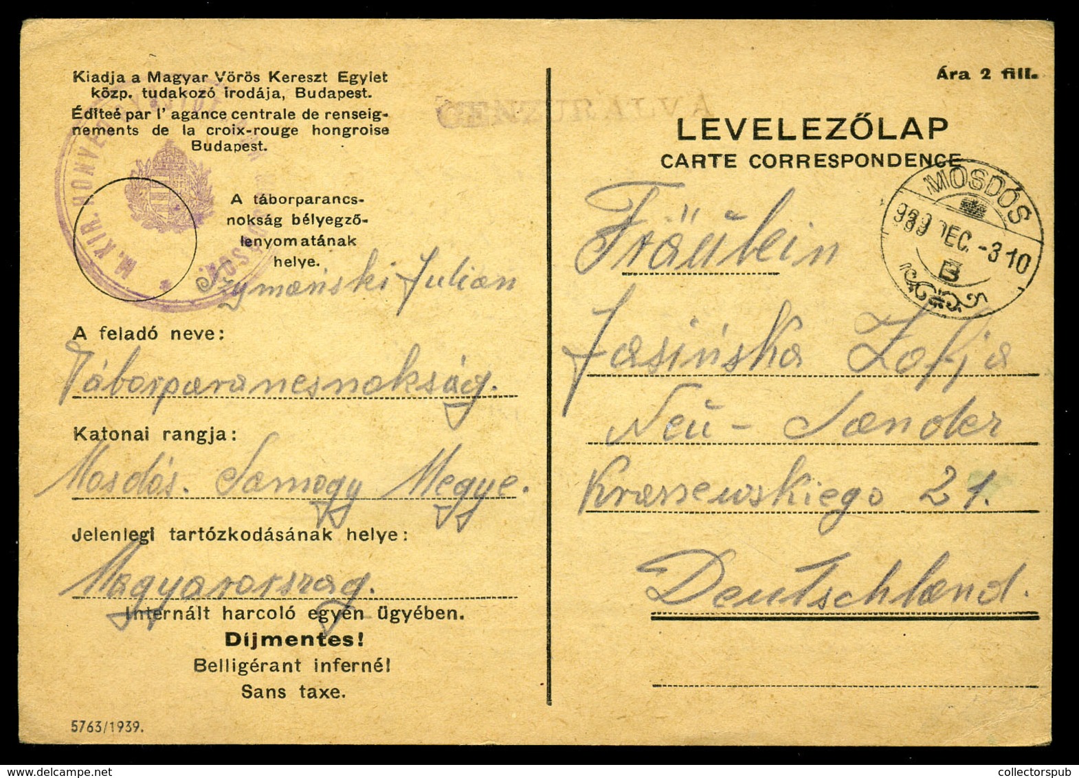 MOSDÓS 1939. Cenzúrázott Levlap Lengyel Internáló Táborból Neu-Sandec-re Küldve  /  Cens. P.card From Polish  Internment - Lettres & Documents