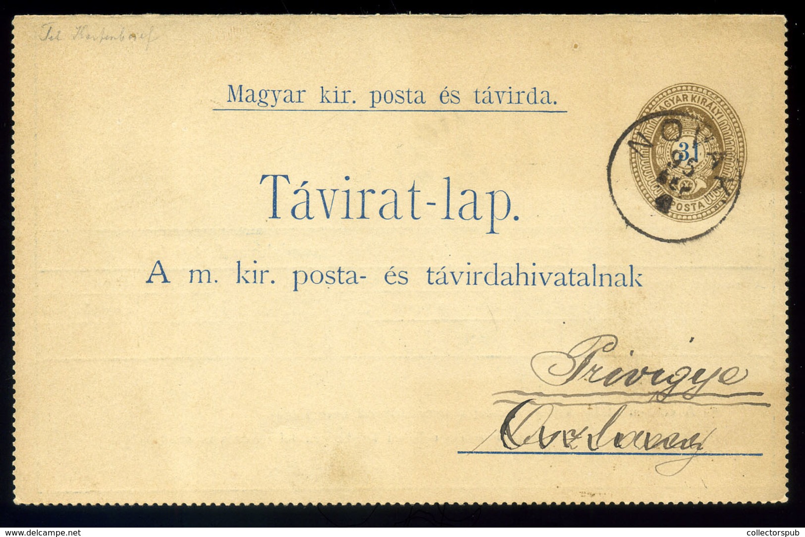 NOVÁK 1895. Zárt Díjjegyes Táviratlap Privigyére Küldve  /  Sealed Stationery Telegraph Card To Privigye - Gebruikt