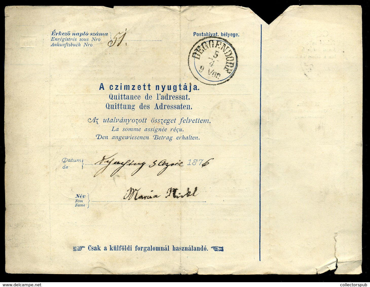 GYARMATA 1876. 10Kr Postautalvány Németországba Küldve, Ritka!  /  10 Kr Postal Money Order To Germany Rare - Oblitérés