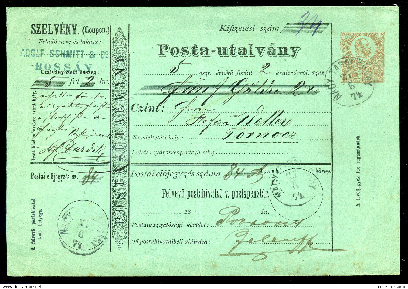 NAGYTAPOLCSÁNY 1874. Postautalvány Pozsonyba Küldve  /  Postal Money Order To Pozsony - Oblitérés