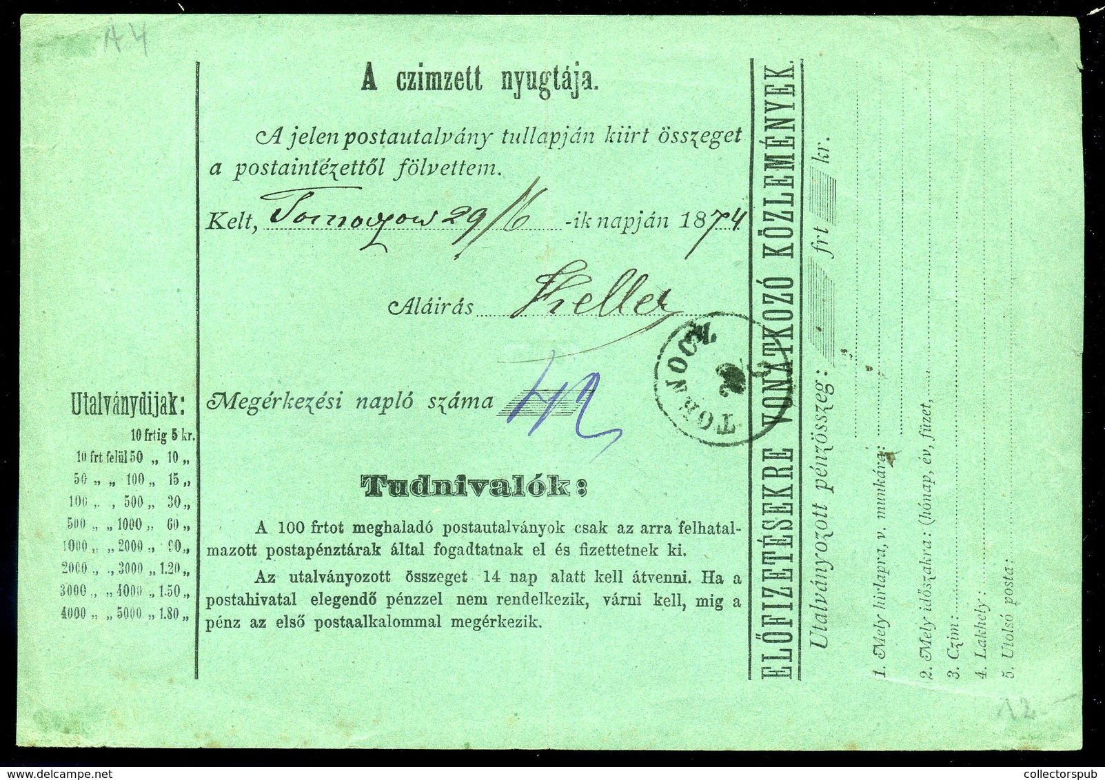 NAGYTAPOLCSÁNY 1874. Postautalvány Pozsonyba Küldve  /  Postal Money Order To Pozsony - Oblitérés