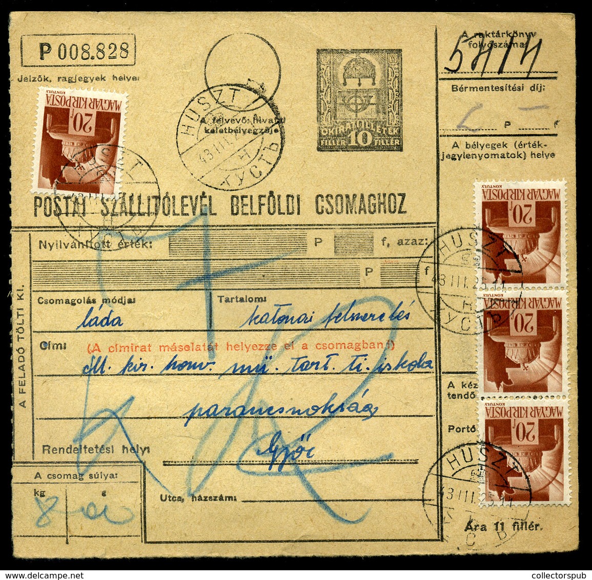 HUSZT 1943. Csomagszállító Győrbe Küldve  /  Parcel P.card To Győr - Brieven En Documenten