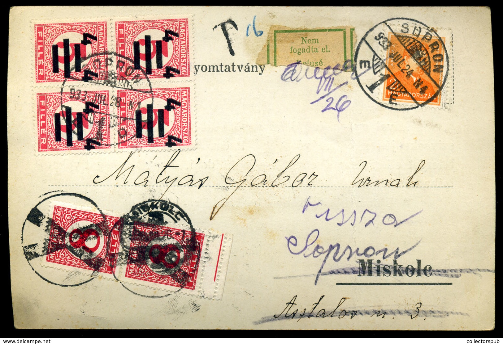 SOPRON 1933. Miskolcról Visszaküldött Levlap, Dekoratív Kettős Portózással  /  P.card Returned From Miskolc Decorative D - Lettres & Documents