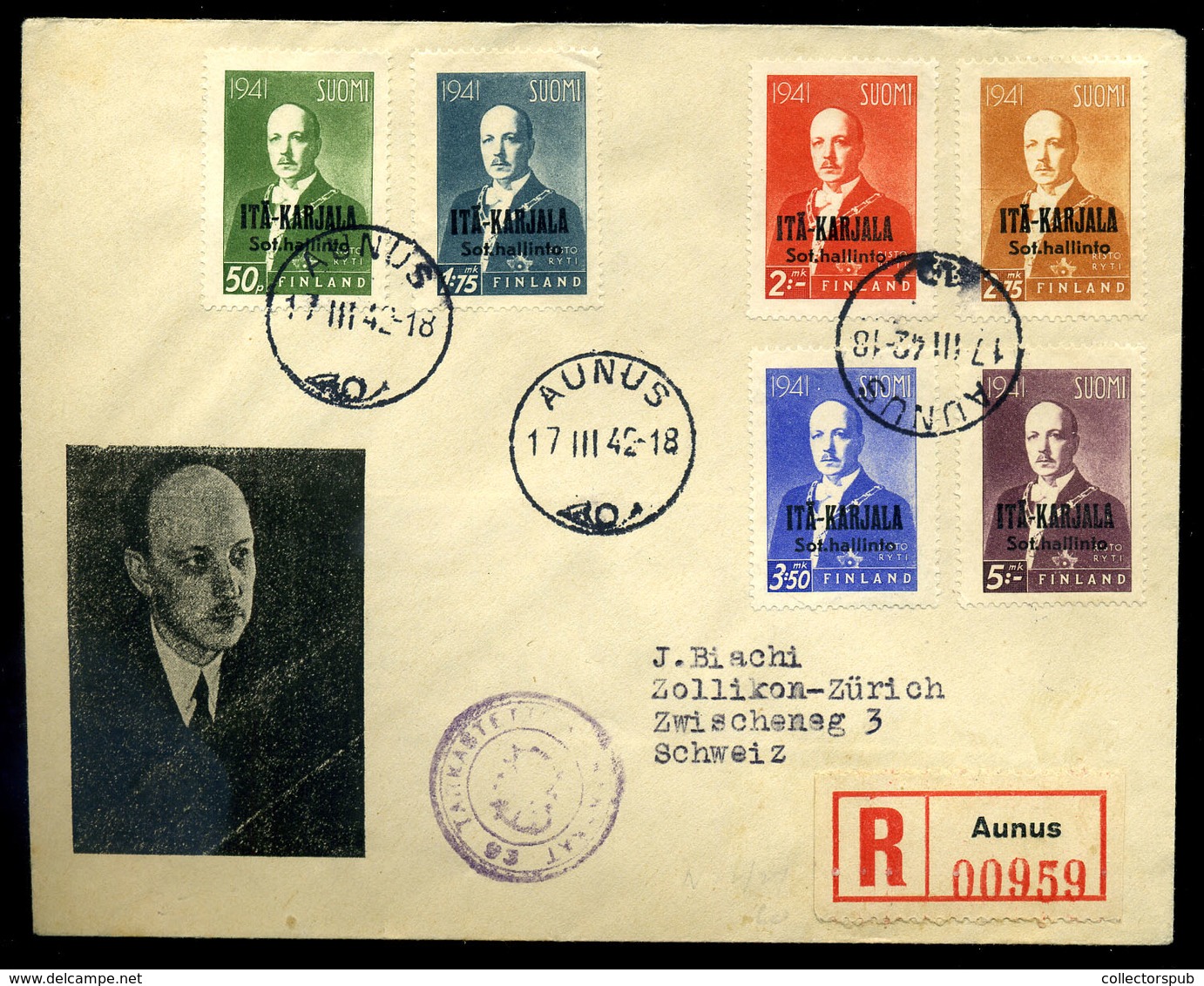 Kelet-Karélia 1942. Ajánlott Levél Svájcba Küldve  /  East-Karélia Reg. Letter To Switzerland - Autres & Non Classés
