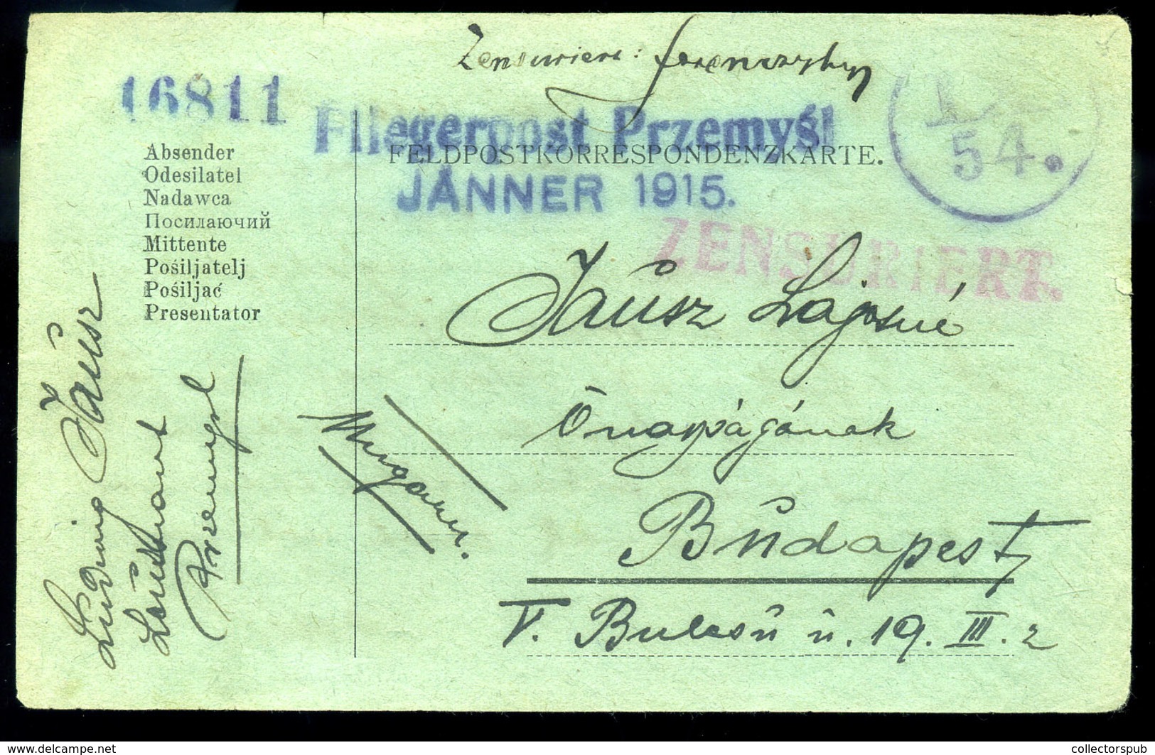 I. VH PRZEMYSL Fliegerpost Levlap Budapestre Küldve 1915.01.15  /  WW I. Airmail Letter To Budapest - Lettres & Documents