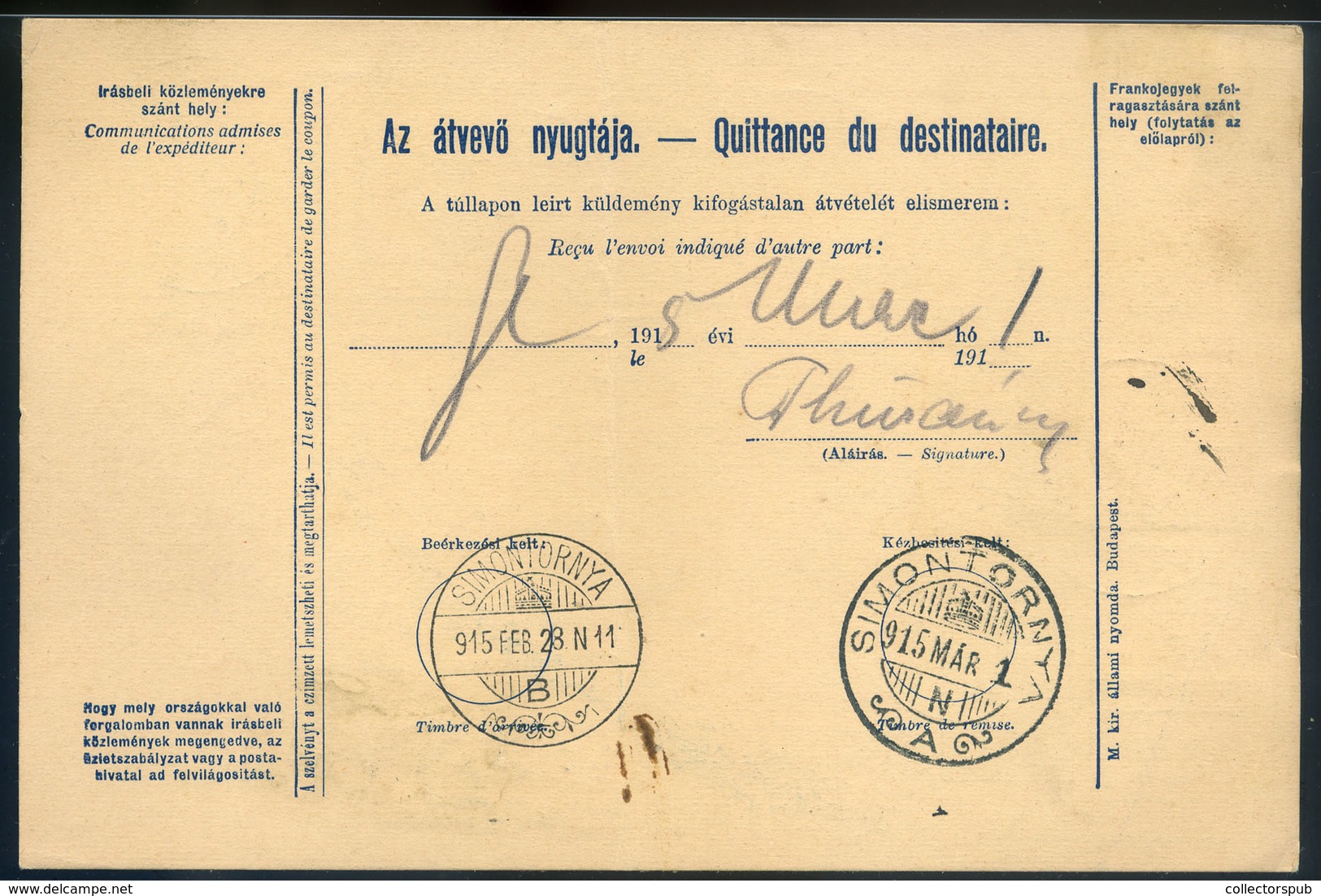 SZEPESSÜMEG / Smižany 1915. Csomagszállító Simontornyára A Huszár Laktanyába Küldve  /  1915 Parcel P.card To Simontorny - Oblitérés