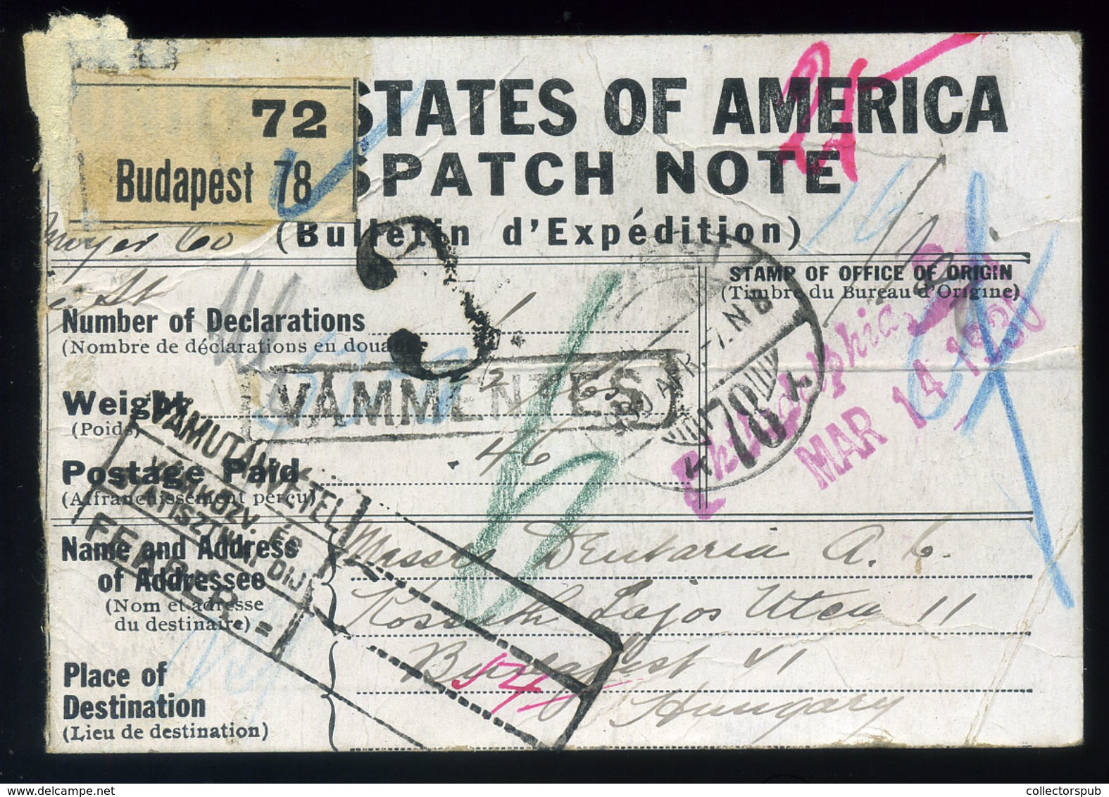 USA 1930. Csomagszállító Budapestre Küldve   /  Parcel Postcard To Budapest - Lettres & Documents