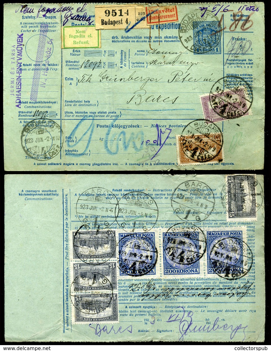 BUDAPEST 1923. Korona Infláció, Utánvételes, Céges Csomagszállító Barcsra Küldve   /  Kr Infla COD Corp. Parcel Postcard - Lettres & Documents