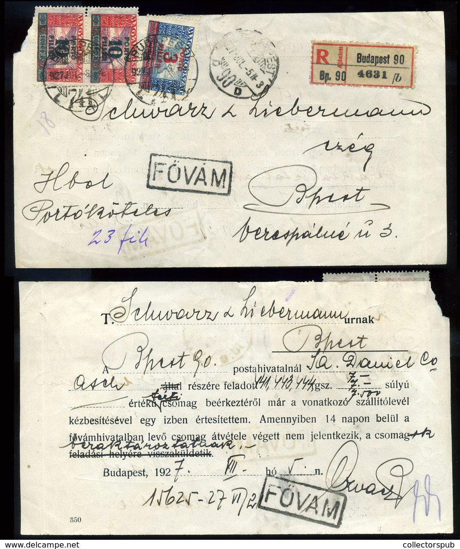 BUDAPEST 1927. Ajánlott, Portózott értesítés Csomag átvételéről, Ritka Dokumentum  /  Reg. Porto Note Of Delivery Rare D - Lettres & Documents